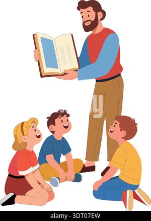 Teacher Reading Book to Children Vector Illustration Stock Vector