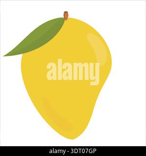 Yellow mango with green leaf, fresh tropical fruit illustration isolated on light background. Stock Vector