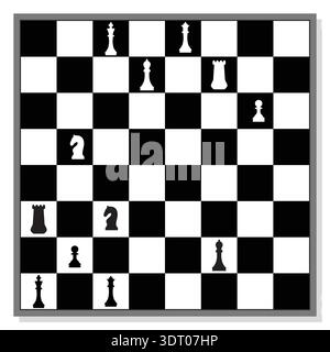 Chess board with black and white squares and pieces arranged in mid game position, strategic board game illustration. Stock Vector