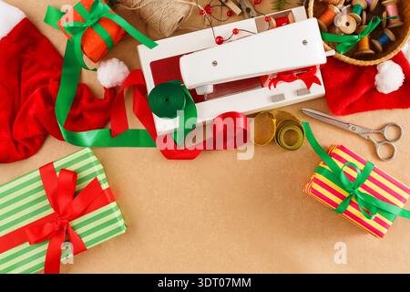Holiday Gift Wrapping Set With Supplies Displayed on a Table During Festive Season Stock Photo