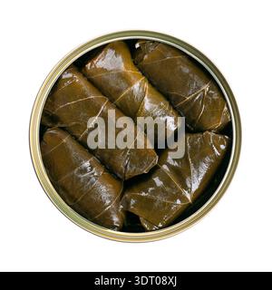 Stuffed vine leaves, in  open tin can. A type of dolma, specifically known as sarma. Filled with rice and herbs, cooked and preserved. Stock Photo