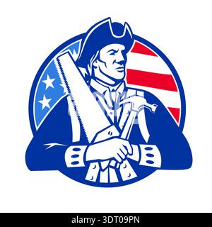 Retro logo style illustration of an American revolutionary soldier patriot with hammer and saw as carpenter contractor looking to side set in circle w Stock Vector