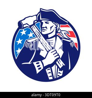 Retro logo style illustration of an American revolutionary soldier patriot with sledgehammer as construction worker demolition or wrecking crew set in Stock Vector