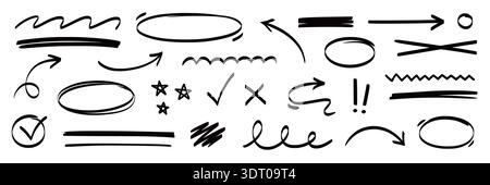 Arrow, highlight marker stroke set. Marker pen line hand drawn brush stroke sketch circle, underline, arrow. Doodle check, cross, highlight scribble round icon sign texture. Vector illustration Stock Vector
