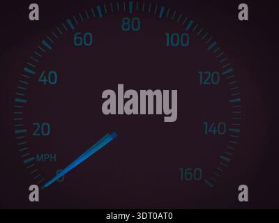 Illuminated car speedometer close-up showing miles per hour gauge under low light, symbolizing driving and speed Stock Photo