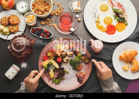Delicious Breakfast Collage Featuring a Variety of Foods and Drinks on a Table Stock Photo