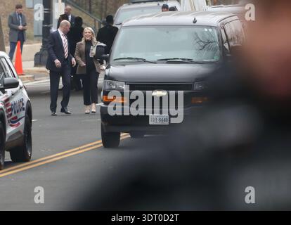Washington Dc, Virginia, USA. 19th Feb, 2026. White House Press Secretary Karoline Leavitt smiles as she leaves the US Institute of Peace after President Donald Trump hosted the inaugural meeting of the ''Board of Peace'' in Washington, DC, USA, on February 19, 2026. President Trump gathers allies to inaugurate the ''Board of Peace, '' his new institution focused on progress in Gaza but whose ambitions reach much further. Around two dozen world leaders or other senior officials have come to Washington for the meeting, including several of Trump's authoritarian-leaning friends and virtually n Stock Photo