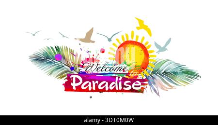 Welcome to paradise Abstraction of palm trees, sea and sun. Hand drawn. Not AI, vector illustration Stock Vector