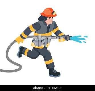 Isometric firefighter using a fire hose nozzle. Vector illustration. Emergency response, fire suppression, rescue work, and safety services. Man isola Stock Vector
