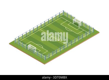 Isometric football field with fence and two goals. Marked green soccer pitch in clean geometric style. Vector illustration. Object isolated on white. Stock Vector