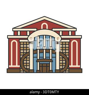Historic city building with columns and arched entrance. Flat cartoon style with bold outline. Vector illustration. Object isolated Stock Vector