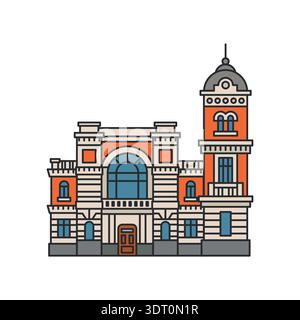 Historic classical building with tower and arched windows. Detailed symmetrical facade in flat cartoon style with bold outline. Vector illustration. Stock Vector