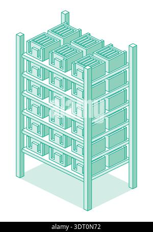 Isometric warehouse shelving unit with storage boxes. Industrial rack system in outline style. Vector illustration. Object isolated. Stock Vector