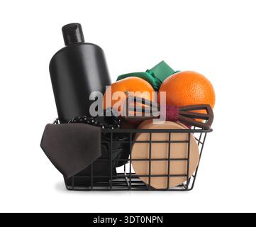 Gift basket with male accessories and oranges on white background Stock Photo