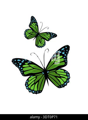 green butterflies Hand drawn. Not AI, vector illustration. Stock Vector