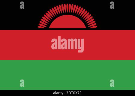 Malawi national flag flat vector illustration. flat vector illustration of malawi flag with horizontal black, red, and green stripes and rising sun. Stock Vector