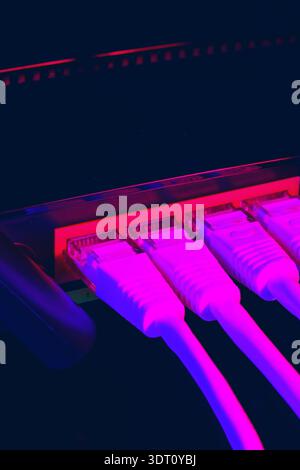 Network cables connect to a device in a low-light environment with purple lighting Stock Photo