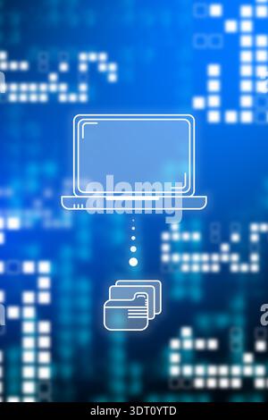 Data transfer from laptop to folder with digital interface in the background Stock Photo