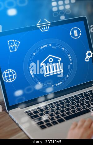 Banking invoice payment process on a laptop screen with digital icons Stock Photo