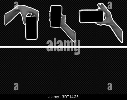 Collage with trendy halftone hands holding phone. Pop art retro vintage style set. Social media communication. Blank space empty frame for quote, plan and idea. Vector illustration Stock Vector