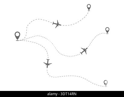 The trajectory of aircraft movement from one airport. Flights from the same airport. Course and direction of flight Stock Vector
