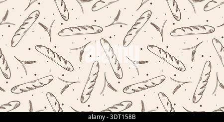 Seamless pattern with baguettes and ears of grain. Vintage bread themed background. Engraved print for bakery packaging and design. Vector graphics Stock Vector