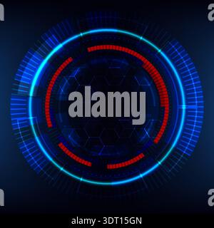 future high tech circular HUD interface featuring glowing blue neon rings and red segments over a dark hexagonal grid, modern sci-fi digital displays Stock Vector