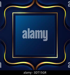 luxury dark blue background with elegant gold geometric frame and curved ornamental borders for premium branding and wedding invitation card design Stock Vector