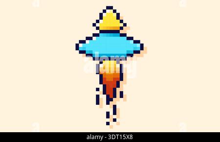 Space saucer with Jet stream. Pixel art game UFO. Stock Vector