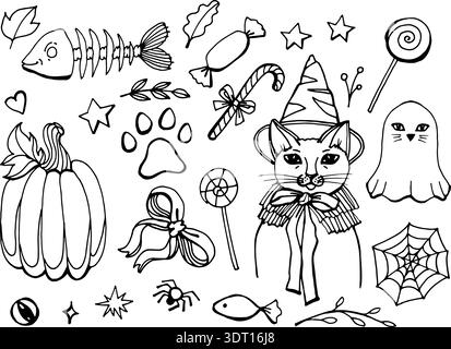 Whimsical hand-drawn Halloween clipart set featuring a cat in a witch hat, pumpkin, ghost, and spooky treats. Black and white doodle illustrations Stock Vector