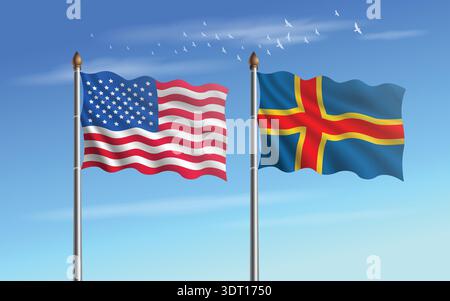 USA and Aland Islands table flags relation with sky backgrund Stock Vector