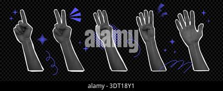 Hand set halftone collage with gesture calculation, different finger numbers, interactive communication signs. Hands show one, two, three, four and five. Vector illustration Stock Vector