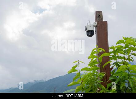 A surveillance camera mounted on a wooden pole, overlooking a mountainous landscape. Copy space. Security camera concept. Stock Photo