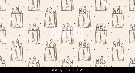 Paper bags with fresh baguettes seamless pattern. Vintage engraved bread shopping background. Print for bakery packaging and design. Vector graphics Stock Vector