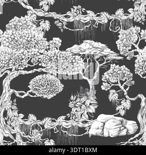 A seamless pattern featuring a tropical forest, lush trees, and vines on a dark background. Isolated illustration for botanical branding, travel broch Stock Photo