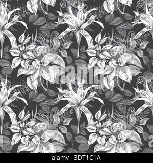 A seamless pattern featuring bouquets of delicate tropical leaves on a dark background. Isolated illustration for botanical branding, travel brochures Stock Photo
