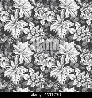 Seamless pattern featuring bouquets of monstera and tropical flowers on a dark background. Isolated illustration for botanical branding, travel brochu Stock Photo