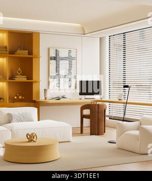 A professional workspace featuring a clean desk with desktop computer and cozy seating for work from home lifestyle in a contemporary apartment with n Stock Photo