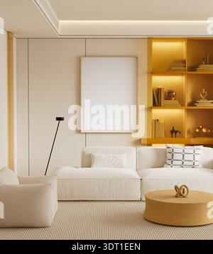 Contemporary living room and home office space featuring mock up poster frame, built in shelving and warm wood textures for work from home concept. 3D Stock Photo