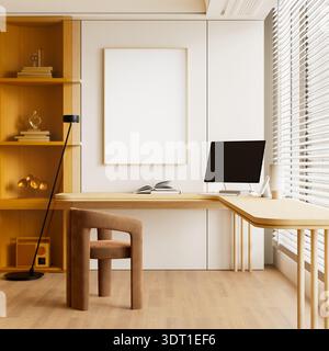 A contemporary interior featuring a blank wall frame mockup and a clean workspace with a desktop computer for a modern work from home and productivity Stock Photo