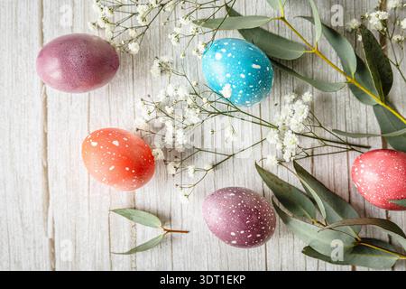 Colorful pastel Easter eggs with eucalyptus branches and delicate white flowers on rustic wooden background. Soft natural spring light and festive atm Stock Photo