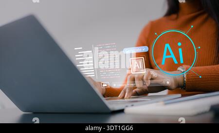 Close up of woman using laptop with AI generative technology interface. Content creator typing command prompts to generate digital art and text using Stock Photo