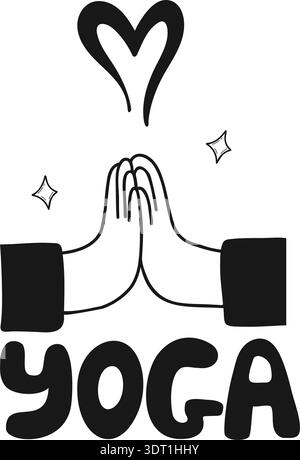 Yoga Namaste Doodle Icon. Simple Hands Gesture With Heart And Text Yoga Logo. Isolated hand-drawn on White. Vector Illustration. Not AI Stock Vector