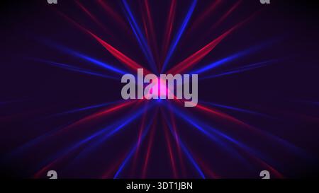 Vibrant red and blue neon light beams intersect to glowing geometric starburst on a dark background. futuristic digital art high energy motion for mod Stock Vector