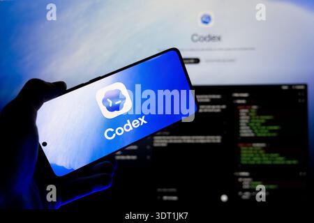 Hand holding smartphone displaying Codex AI logo on screen with blurred code editor background, concept for artificial intelligence in software develo Stock Photo