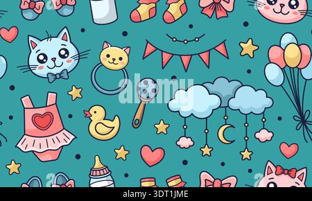 Cute infancy, motherhood theme seamless pattern. Children clothing design, gender parties, baby shower texture. Baby theme wrapping paper with Mobile, pacifier, milk bottle, rattle, stars. Vector Stock Vector