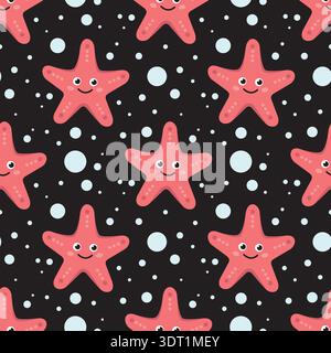 Cartoon cute Seamless pattern with kawaii starfish character, water drops is in cartoon style. Vector kids illustration for textile, fabric, clothes. Flat design. Ocean, sea shore concept. Stock Vector