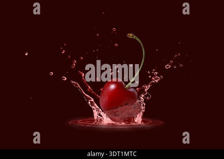 Fresh cherry berry flying falling in splashing water or juice isolated on dark red background. Stock Photo