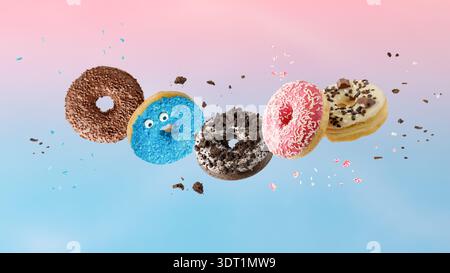 Assorted set colorful glazed donuts with mixed sprinkles and crumbs flying isolated on gradient background. Sweet pastry card. Fresh baked  cakes. Stock Photo