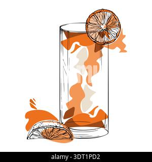 Stylized Long Island, iced tea, juice or lemonade drinks vector glass with orange slices garnish. Hand drawn ink outline, smooth gradients, clean Stock Vector